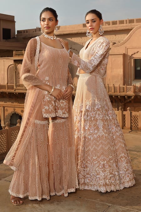 Niamh By Kriti_Peach Organza, Satin Pearls, Floral Scallop Embroidered Jacket And Lehenga Set _Online_at_Aza_Fashions
