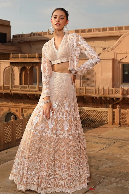 Buy_Niamh By Kriti_Peach Organza, Satin Pearls, Floral Scallop Embroidered Jacket And Lehenga Set _Online_at_Aza_Fashions