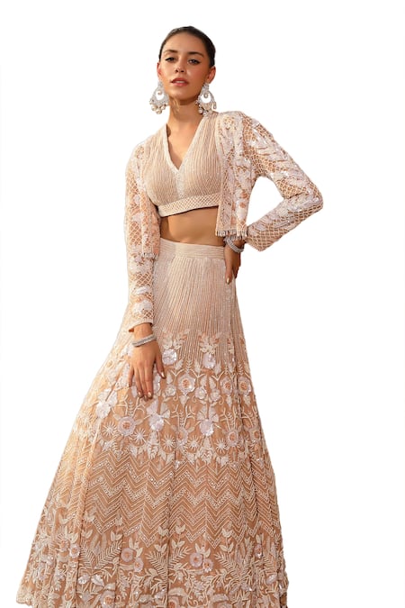 Shop_Niamh By Kriti_Peach Organza, Satin Pearls, Floral Scallop Embroidered Jacket And Lehenga Set _Online_at_Aza_Fashions
