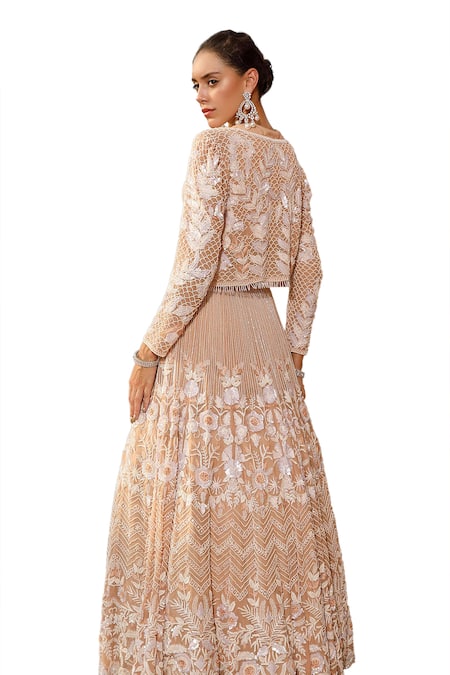 Buy_Niamh By Kriti_Peach Organza, Satin Pearls, Floral Scallop Embroidered Jacket And Lehenga Set 