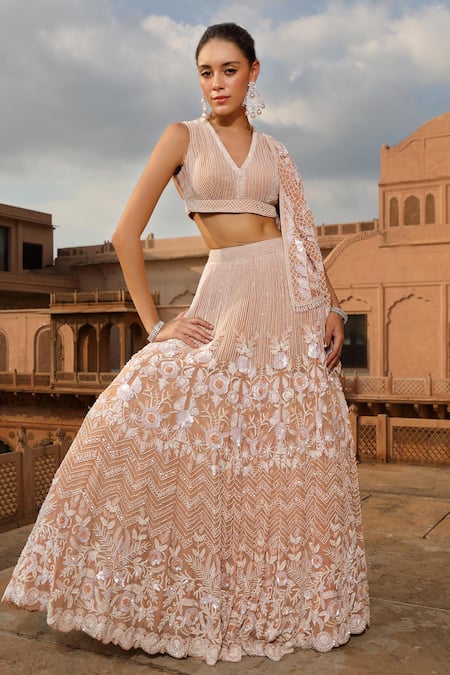 Shop_Niamh By Kriti_Peach Organza, Satin Pearls, Floral Scallop Embroidered Jacket And Lehenga Set 