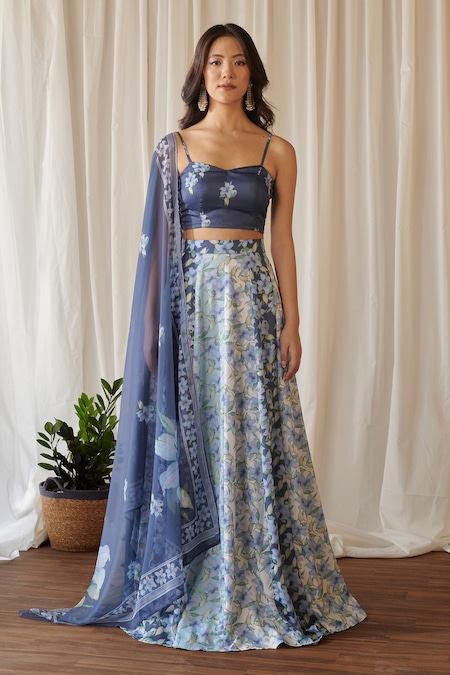 Pasha India Blue Satin, Chiffon, Saavan Iris Bloom Print Kali Lehenga Set 