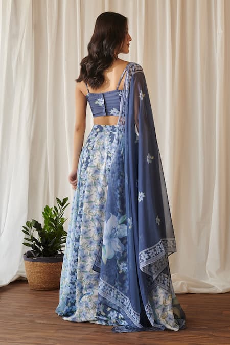 Shop_Pasha India_Blue Satin, Chiffon, Saavan Iris Bloom Print Kali Lehenga Set _at_Aza_Fashions