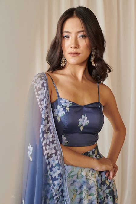 Pasha India_Blue Satin, Chiffon, Saavan Iris Bloom Print Kali Lehenga Set _Online_at_Aza_Fashions