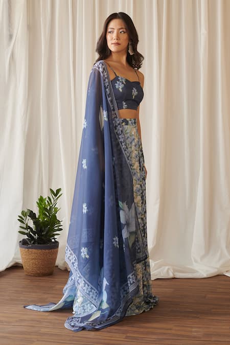 Buy_Pasha India_Blue Satin, Chiffon, Saavan Iris Bloom Print Kali Lehenga Set _Online_at_Aza_Fashions