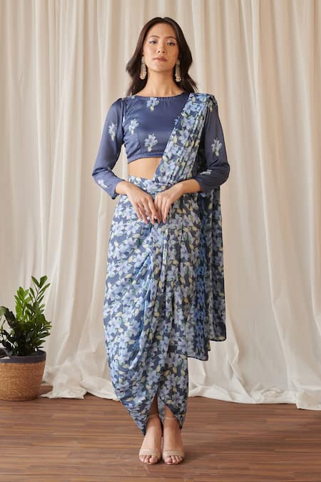 Pasha India Blue Swiss Satin Print Midnight Iris Boat Pre-draped Dhoti Saree With Blouse 