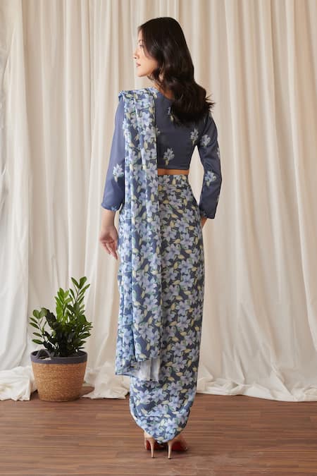 Shop Pasha India Blue Satin, Silk Midnight Iris Print Pre-draped Dhoti Saree With Blouse at Aza Fashions Shop_Pasha India_Blue Satin, Silk Midnight Iris Print Pre-draped Dhoti Saree With Blouse _at_Aza_Fashions