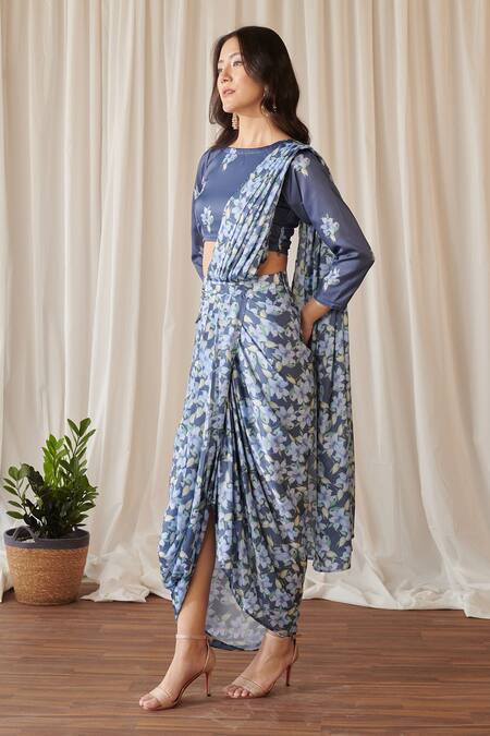 Buy Pasha India Blue Satin, Silk Midnight Iris Print Pre-draped Dhoti Saree With Blouse Online at Aza Fashions Buy_Pasha India_Blue Satin, Silk Midnight Iris Print Pre-draped Dhoti Saree With Blouse _Online_at_Aza_Fashions