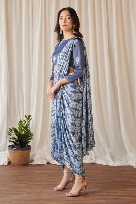 Shop Pasha India Blue Satin, Silk Midnight Iris Print Pre-draped Dhoti Saree With Blouse Online at Aza Fashions Shop_Pasha India_Blue Satin, Silk Midnight Iris Print Pre-draped Dhoti Saree With Blouse _Online_at_Aza_Fashions