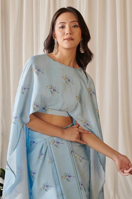 Pasha India_Blue Silk Bluebell Flora Print Cape Top With Draped Skirt _Online_at_Aza_Fashions