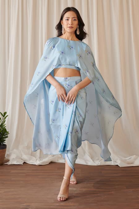 Buy_Pasha India_Blue Silk Bluebell Flora Print Cape Top With Draped Skirt _Online_at_Aza_Fashions