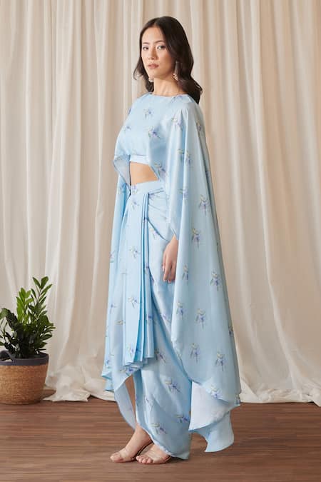 Shop_Pasha India_Blue Silk Bluebell Flora Print Cape Top With Draped Skirt _Online_at_Aza_Fashions