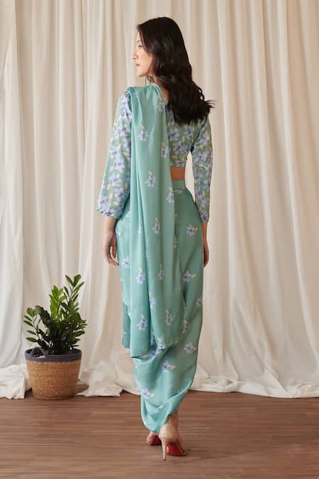 Pasha India Gardenia Print Pre-Draped Dhoti Saree With Blouse 