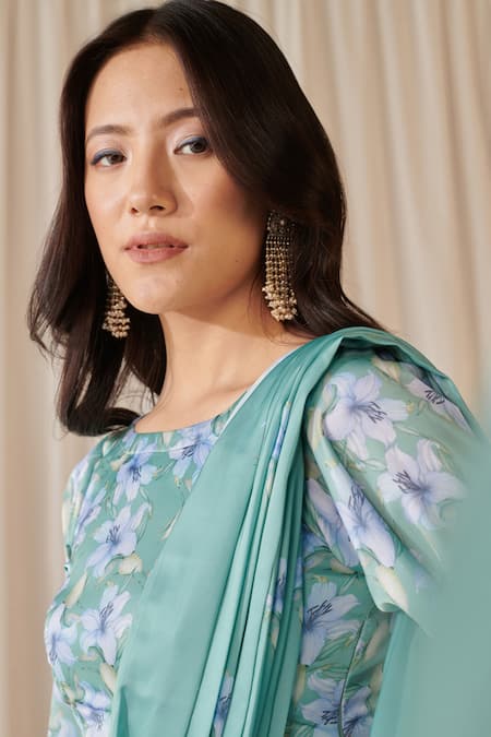 Pasha India_Green Silk Embroidery Round Gardenia Print Pre-draped Dhoti Saree With Blouse _Online_at_Aza_Fashions