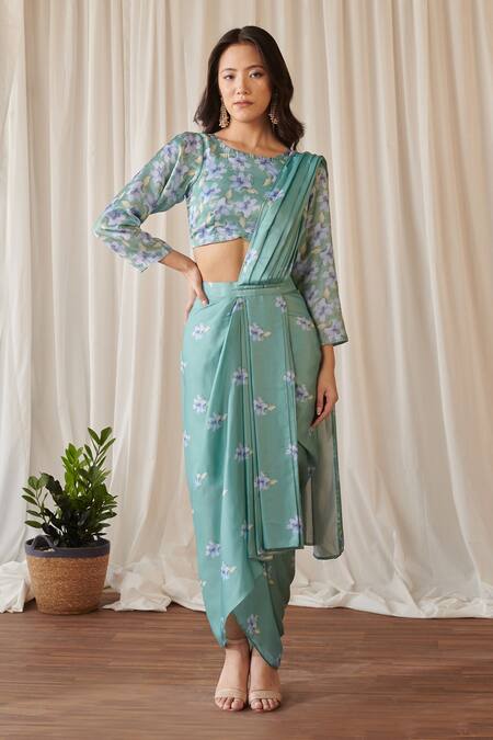Buy_Pasha India_Green Silk Embroidery Round Gardenia Print Pre-draped Dhoti Saree With Blouse _Online_at_Aza_Fashions