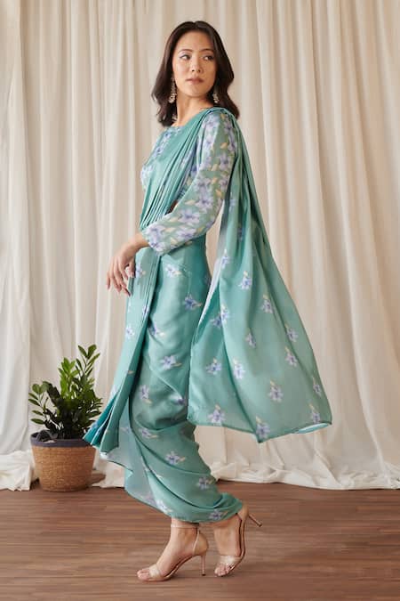 Shop_Pasha India_Green Silk Embroidery Round Gardenia Print Pre-draped Dhoti Saree With Blouse _Online_at_Aza_Fashions