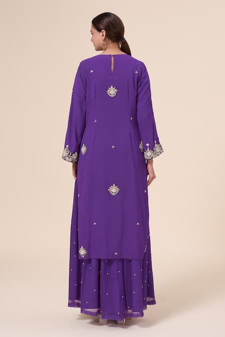 Shop Samyukta Singhania Purple Georgette, Chiffon Pearls, Zardozi Floral Embroidered Kurta Sharara Set at Aza Fashions Shop_Samyukta Singhania_Purple Georgette, Chiffon Pearls, Zardozi Floral Embroidered Kurta Sharara Set _at_Aza_Fashions