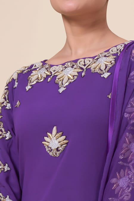 Buy Samyukta Singhania Purple Georgette, Chiffon Pearls, Zardozi Floral Embroidered Kurta Sharara Set Buy_Samyukta Singhania_Purple Georgette, Chiffon Pearls, Zardozi Floral Embroidered Kurta Sharara Set