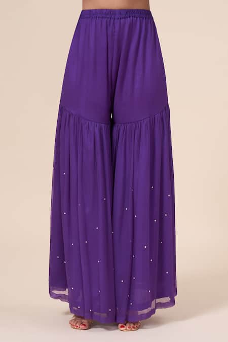 Shop Samyukta Singhania Purple Georgette, Chiffon Pearls, Zardozi Floral Embroidered Kurta Sharara Set Shop_Samyukta Singhania_Purple Georgette, Chiffon Pearls, Zardozi Floral Embroidered Kurta Sharara Set