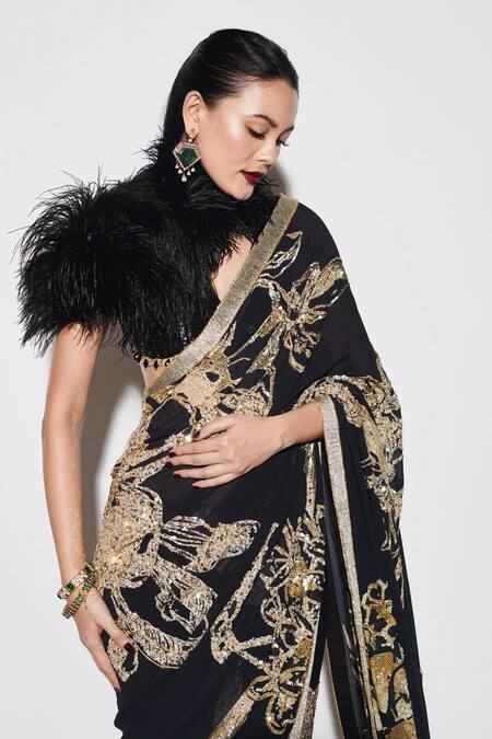 Shop_Varun Bahl_Black Georgette Sequins, Zari, Beads Printed Saree With Embroidered Blouse _Online_at_Aza_Fashions