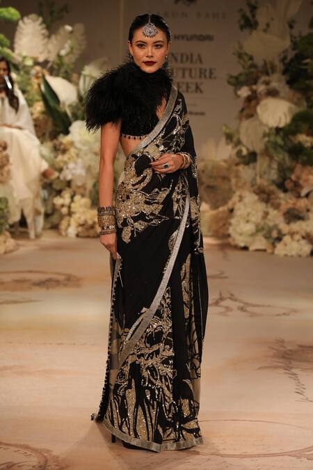 Varun Bahl_Black Georgette Sequins, Zari, Beads Printed Saree With Embroidered Blouse _at_Aza_Fashions