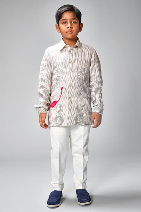 Bal Bachche By Rohit Bal Ivory Chanderi Printed Leaf Kurta Set