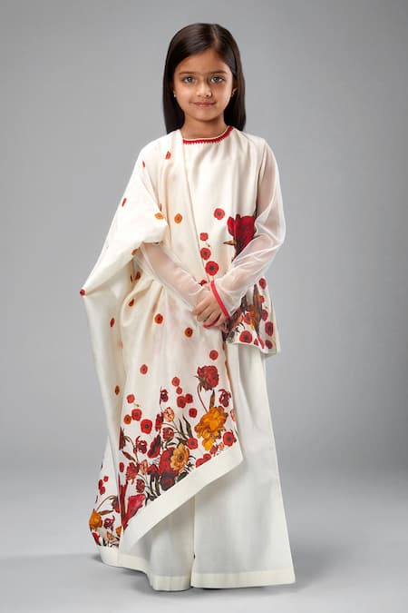 Bal Bachche By Rohit Bal Ivory Chanderi Printed Rose Kurta Flared Pant Set