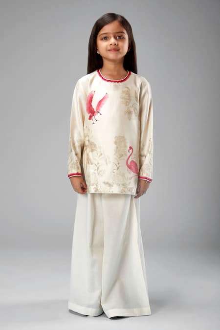 Bal Bachche By Rohit Bal Ivory Chanderi Printed Swan Kurta And Flared Pant Set