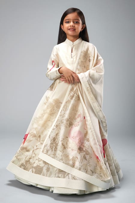 Bal Bachche By Rohit Bal Ivory Chanderi Printed Swan Anarkali Set