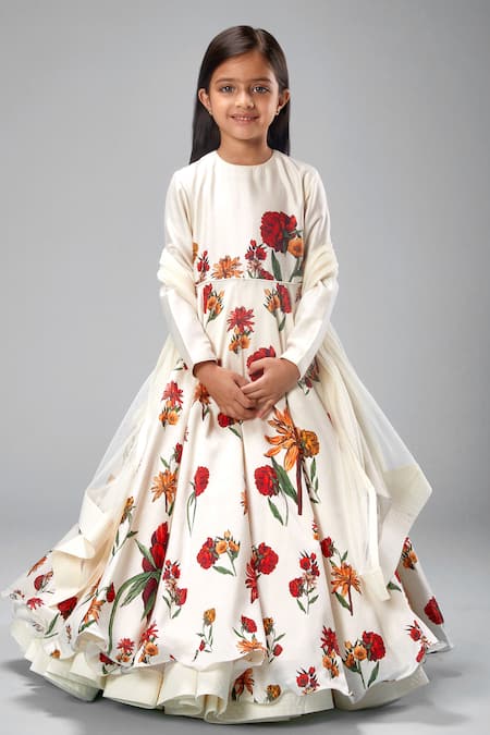 Bal Bachche By Rohit Bal Ivory Chanderi Printed Botanical Anarkali Set