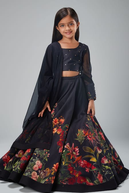 Bal Bachche By Rohit Bal Black Chanderi Printed Botanical Lehenga Set