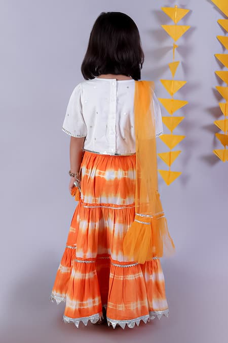 Shop_Lil Drama_Orange Cotton, Net Embroidery Janmashtami Tie And Dye Lehenga Set _at_Aza_Fashions