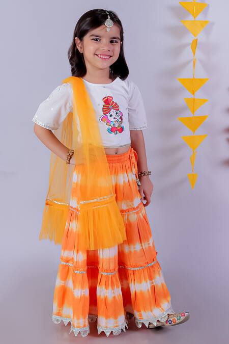 Lil Drama_Orange Cotton, Net Embroidery Janmashtami Tie And Dye Lehenga Set _Online_at_Aza_Fashions