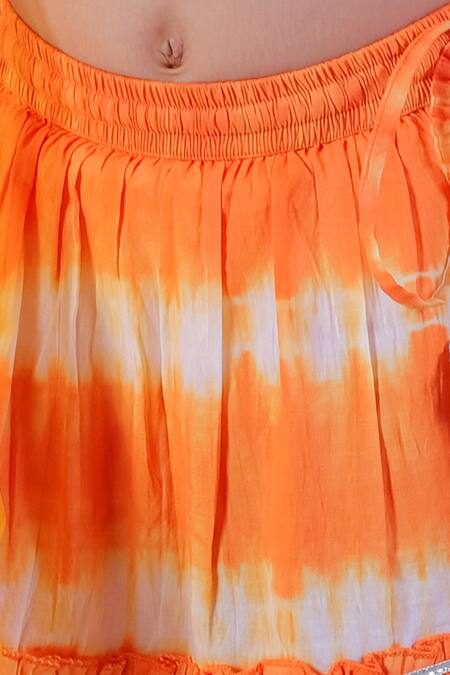 Shop_Lil Drama_Orange Cotton, Net Embroidery Janmashtami Tie And Dye Lehenga Set _Online_at_Aza_Fashions