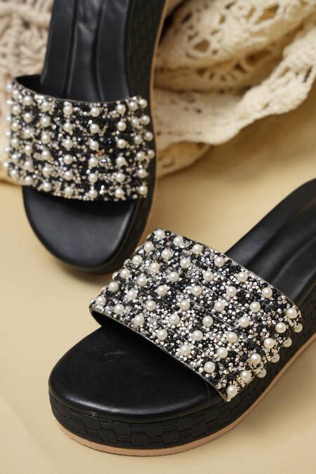 Jutti Express_Black Pearls, Beads And Encrusted Slip On Wedges _Online_at_Aza_Fashions