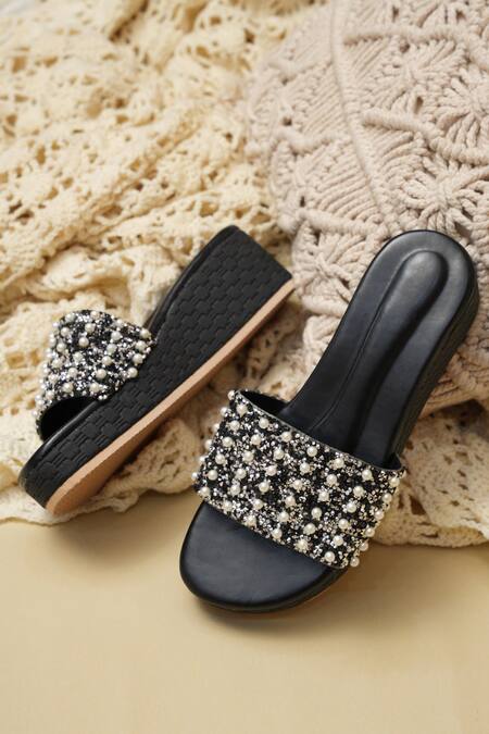 Buy_Jutti Express_Black Pearls, Beads And Encrusted Slip On Wedges _Online_at_Aza_Fashions
