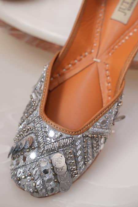 Jutti Express_Grey Sequin Coin And Ghungroo Embellished Juttis _Online_at_Aza_Fashions