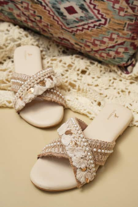 Jutti Express Off White Thread Tassels Boho And Pearl Embellished Cross Strap Flats 