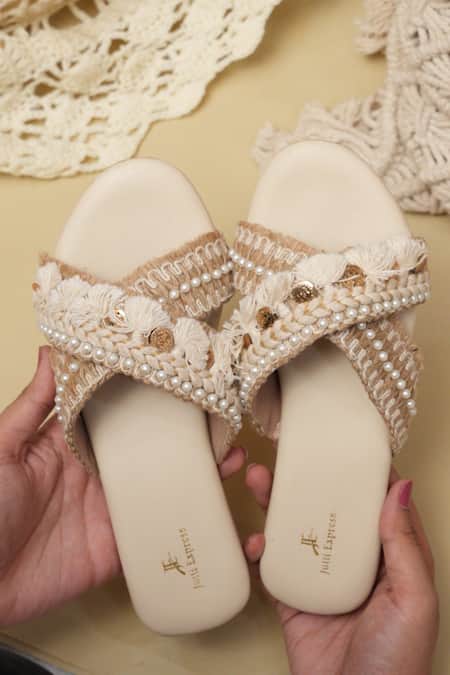 Jutti Express Boho Tassel & Pearl Embellished Cross Strap Flats 