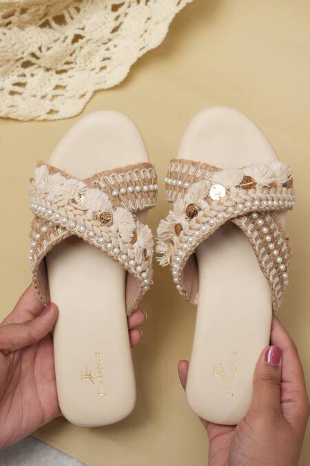 Jutti Express_Off White Boho Tassel And Pearl Embellished Cross Strap Flats _at_Aza_Fashions