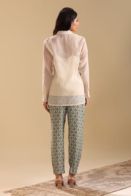 Shop Soup By Sougat Paul Beige Handloom Cotton, Linen Embroidery, Earaya Applique Shirt And Pant Set at Aza Fashions Shop_Soup By Sougat Paul_Beige Handloom Cotton, Linen Embroidery, Earaya Applique Shirt And Pant Set _at_Aza_Fashions