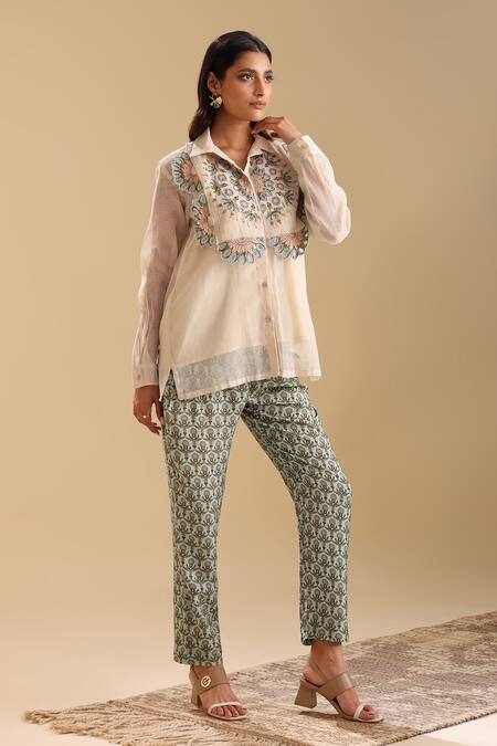 Shop Soup By Sougat Paul Beige Handloom Cotton, Linen Embroidery, Earaya Applique Shirt And Pant Set Online at Aza Fashions Shop_Soup By Sougat Paul_Beige Handloom Cotton, Linen Embroidery, Earaya Applique Shirt And Pant Set _Online_at_Aza_Fashions