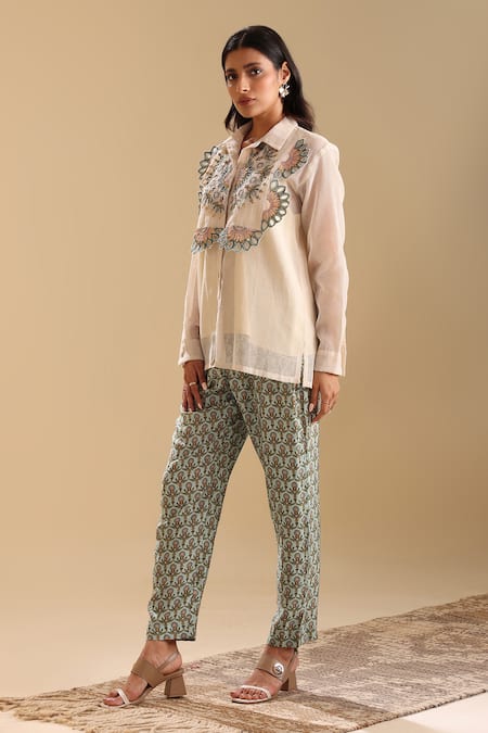 Soup By Sougat Paul Beige Handloom Cotton, Linen Embroidery, Earaya Applique Shirt And Pant Set at Aza Fashions Soup By Sougat Paul_Beige Handloom Cotton, Linen Embroidery, Earaya Applique Shirt And Pant Set _at_Aza_Fashions