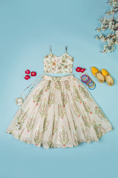 Yuvraani Jaipur_Multi Color Chanderi, Net Embroidery, Beads, Sequins Paisley Print Lehenga Set _Online_at_Aza_Fashions