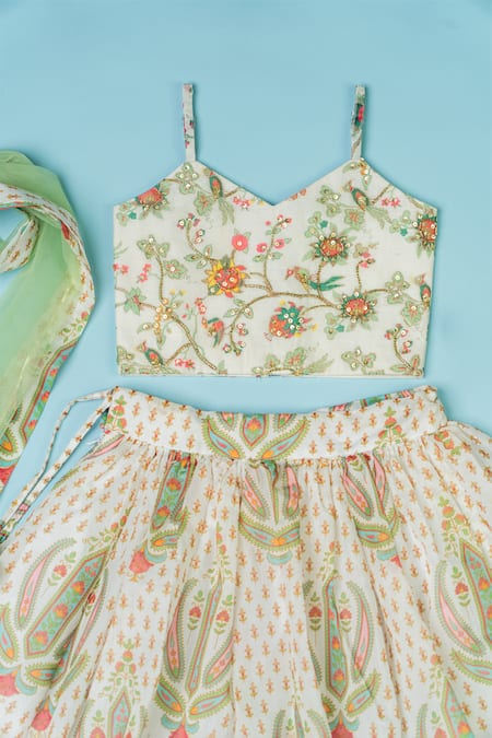 Buy_Yuvraani Jaipur_Multi Color Chanderi, Net Embroidery, Beads, Sequins Paisley Print Lehenga Set _Online_at_Aza_Fashions