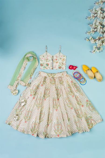 Shop_Yuvraani Jaipur_Multi Color Chanderi, Net Embroidery, Beads, Sequins Paisley Print Lehenga Set _Online_at_Aza_Fashions