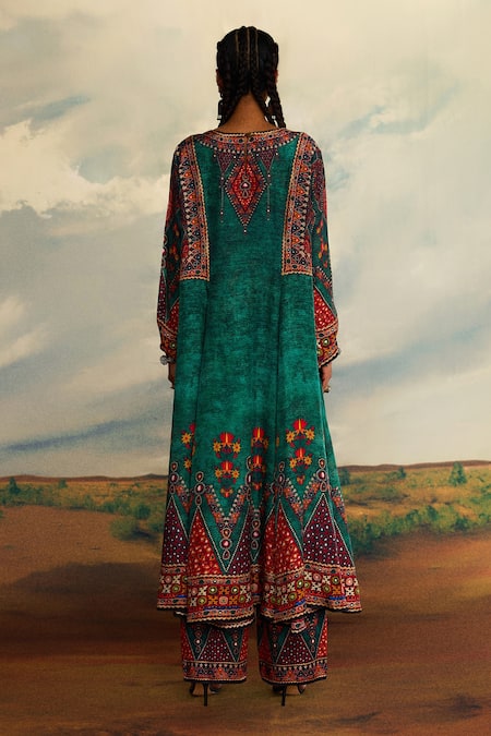 Shop Rajdeep Ranawat Green Silk Embroidery Round Neck Tribal Print Panelled A-line Kurta at Aza Fashions Shop_Rajdeep Ranawat_Green Silk Embroidery Round Neck Tribal Print Panelled A-line Kurta _at_Aza_Fashions