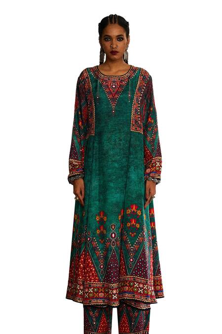 Rajdeep Ranawat Green Silk Embroidery Round Neck Tribal Print Panelled A-line Kurta Online at Aza Fashions Rajdeep Ranawat_Green Silk Embroidery Round Neck Tribal Print Panelled A-line Kurta _Online_at_Aza_Fashions