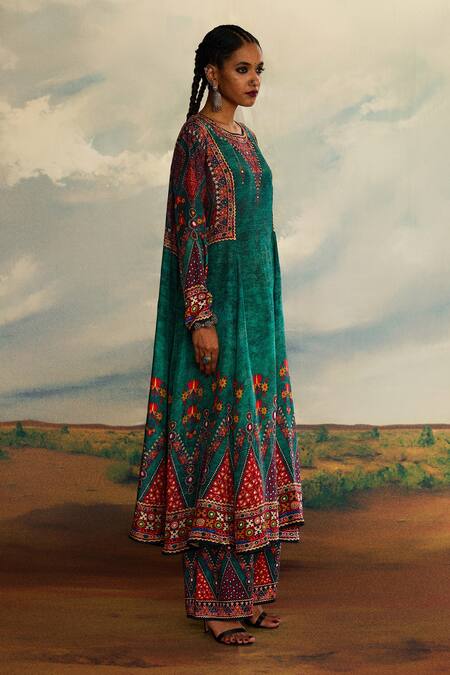 Rajdeep Ranawat Green Silk Embroidery Round Neck Tribal Print Panelled A-line Kurta at Aza Fashions Rajdeep Ranawat_Green Silk Embroidery Round Neck Tribal Print Panelled A-line Kurta _at_Aza_Fashions
