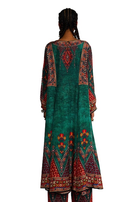 Buy Rajdeep Ranawat Green Silk Embroidery Round Neck Tribal Print Panelled A-line Kurta Buy_Rajdeep Ranawat_Green Silk Embroidery Round Neck Tribal Print Panelled A-line Kurta